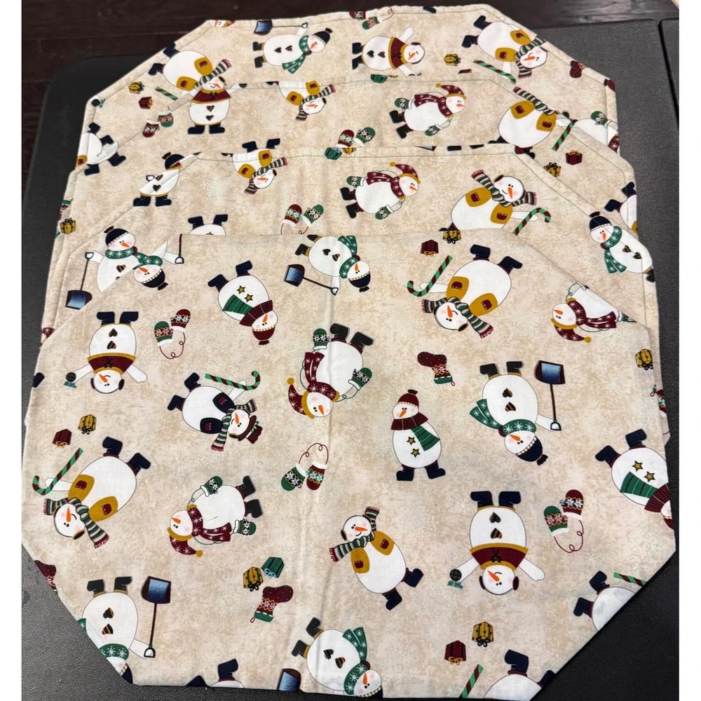 Handcrafted Christmas Placemats Beige Snowman Snowflake Reversible Set of 4 NEW